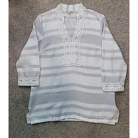Charter Club Women’s Linen Embroidered Tunic – White & Gray Size M Resort Style - Picture 1 of 6